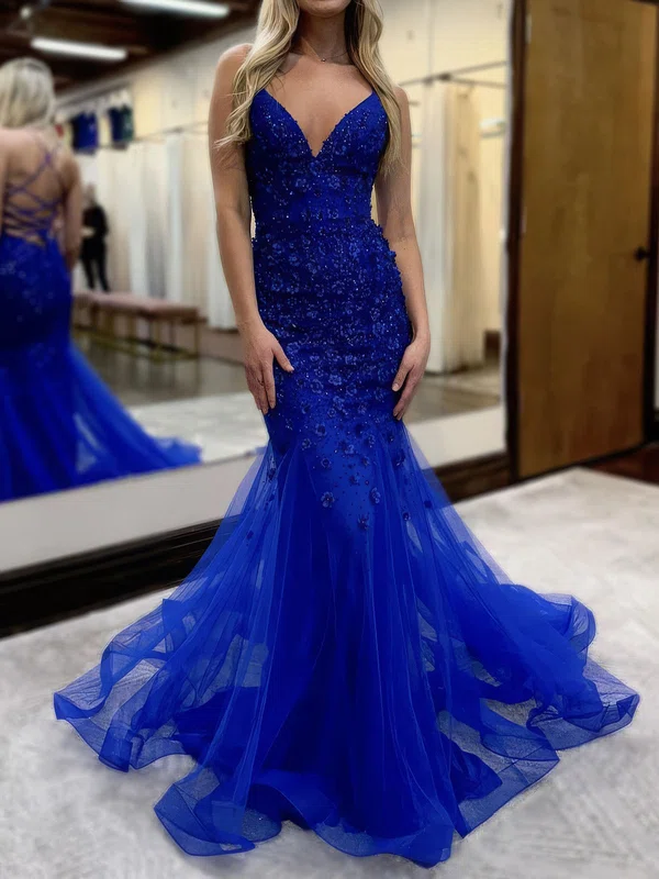 Mermaid V-neck Tulle 3D Floral Prom Dresses With Beading #UKM020127389