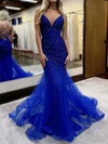 Mermaid V-neck Tulle 3D Floral Prom Dresses With Beading #UKM020127389