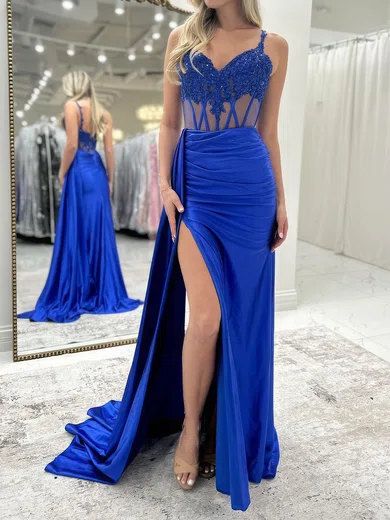 Sheath/Column V-neck Satin Corset Prom Dresses With Appliques #UKM020127391