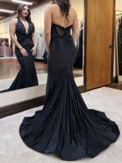 Mermaid Halter Satin Beaded Prom Dresses With Appliques #UKM020127403