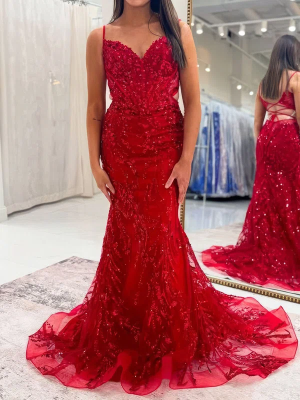 Mermaid V-neck Sparkly Sequin Prom Dresses With Appliques #UKM020127405