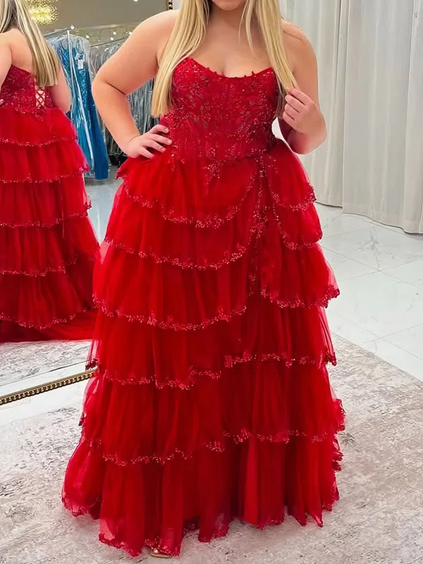 Ball Gown Strapless Tulle Tiered Prom Dresses With Appliques #UKM020127406