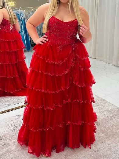 Ball Gown Strapless Tulle Tiered Prom Dresses With Appliques #UKM020127406