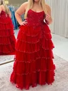 Ball Gown Strapless Tulle Tiered Prom Dresses With Appliques #UKM020127406
