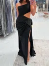 Sheath/Column One Shoulder Satin Cut Out Beaded Prom Dresses With Bow #UKM020127411