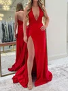 Sheath/Column Halter Satin Prom Dresses With Appliques #UKM020127417