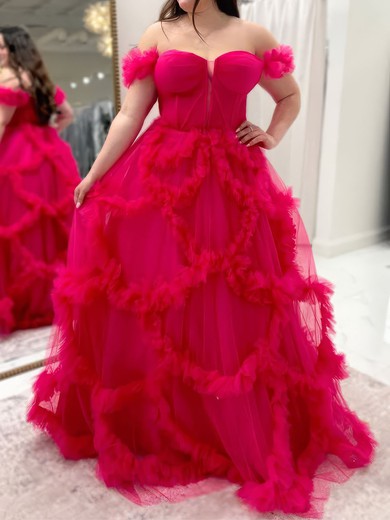 Ball Gown Off-the-shoulder Tulle Ruffle Prom Dresses #UKM020127419