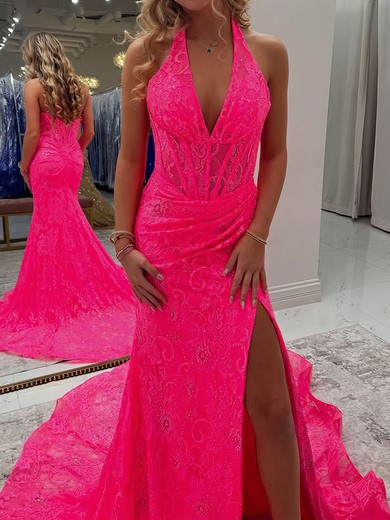Mermaid Halter Lace Beaded Prom Dresses With Ruched #UKM020127421