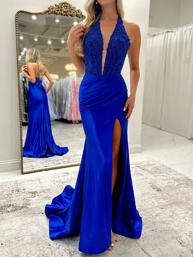 Sheath/Column Halter Satin Prom Dresses With Appliques #UKM020127428