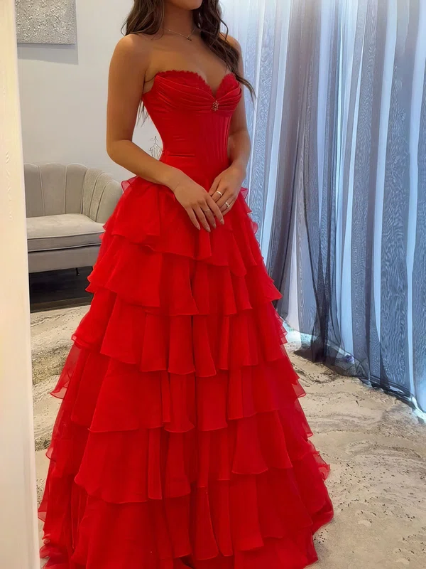 Ball Gown Strapless Satin Chiffon Ruffle Tiered Prom Dresses #UKM020127431