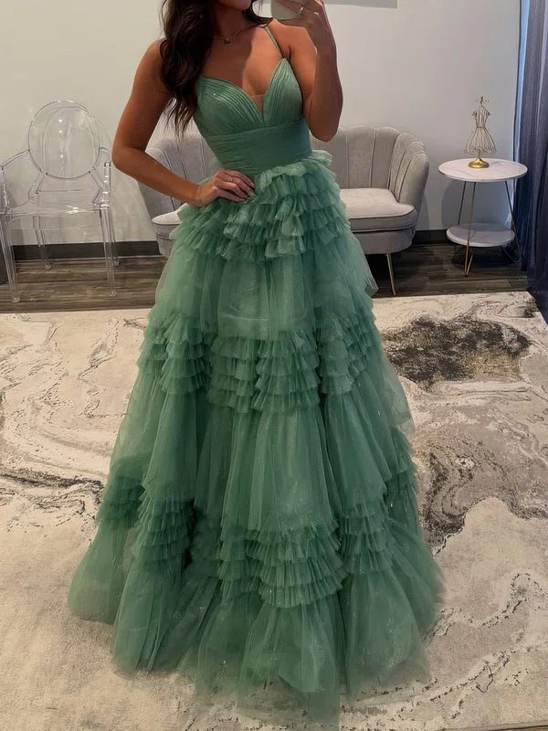 Ball Gown V-neck Tulle Ruffle Tiered Prom Dresses #UKM020127432