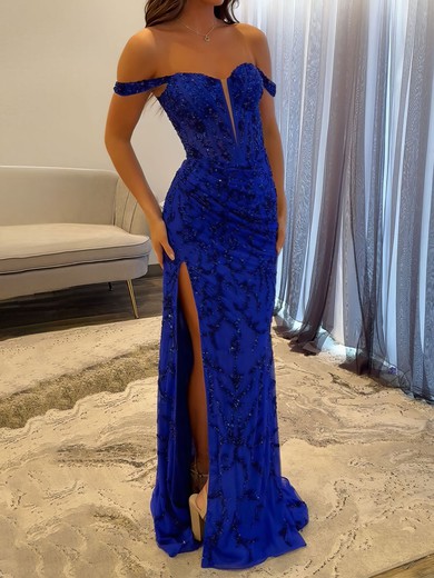 Sheath/Column Off-the-shoulder Sparkly Sequin Prom Dresses With Ruched #UKM020127435