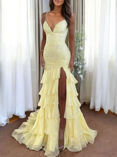 Mermaid V-neck Chiffon Tiered Prom Dresses With Appliques #UKM020127437