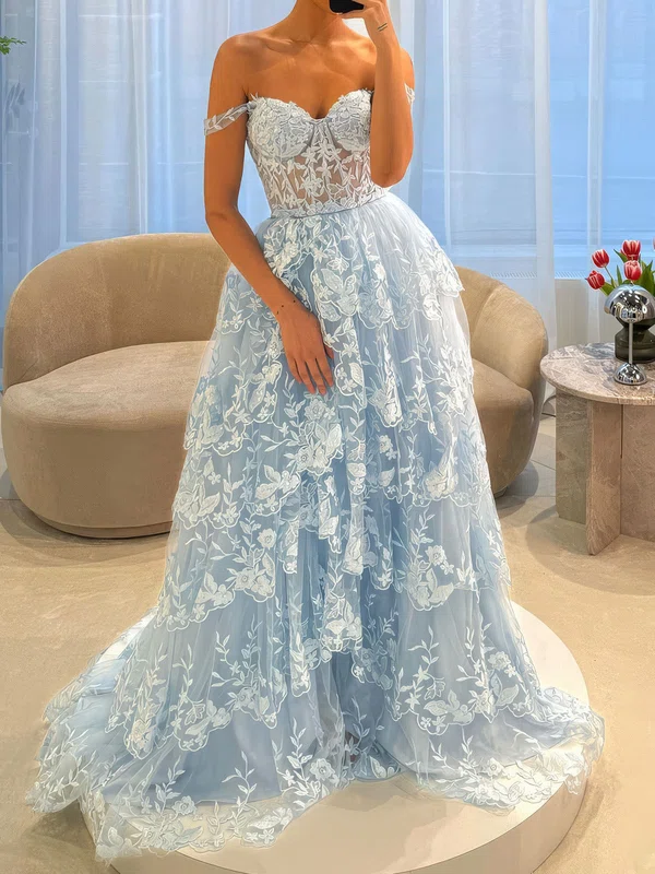 Ball Gown Off-the-shoulder Tulle Tiered Prom Dresses With Appliques #UKM020127445