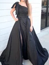 Black Ball Gown One Shoulder Satin Prom Dresses With Ruched #UKM020127447