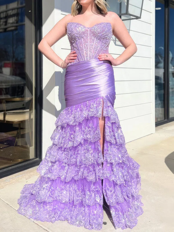Mermaid V-neck Satin Tulle Tiered Prom Dresses With Appliques #UKM020127451