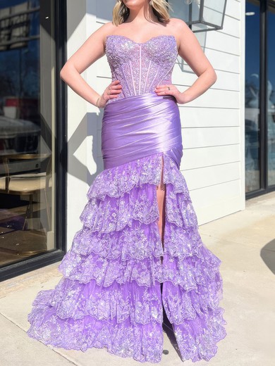Mermaid V-neck Satin Tulle Tiered Prom Dresses With Appliques #UKM020127451
