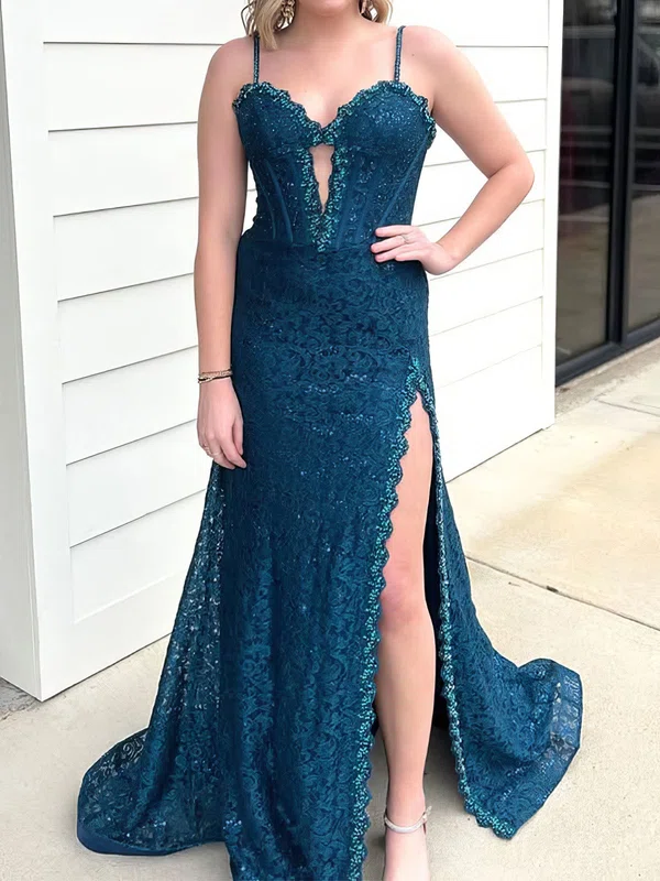Sheath/Column Sweetheart Lace Cut Out Prom Dresses With Appliques #UKM020127453