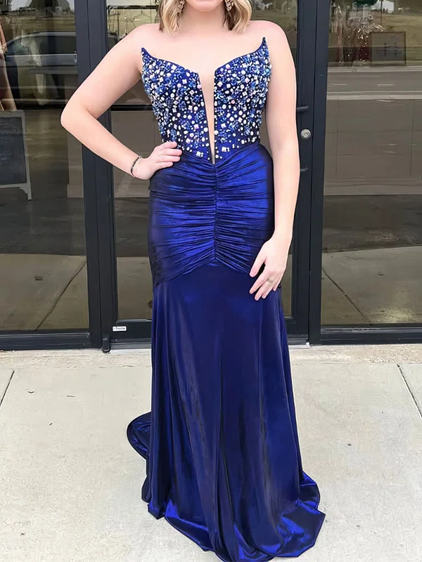 Mermaid Strapless Velvet Prom Dresses With Beading #UKM020127454