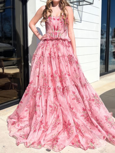 Ball Gown Strapless Chiffon Floral Prom Dresses With Ruched #UKM020127457