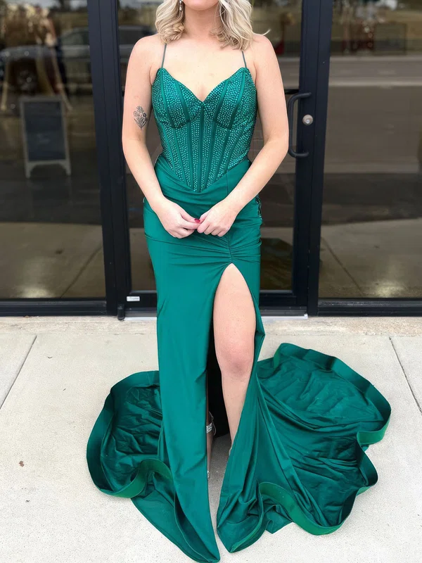 Sheath/Column V-neck Satin Corset Prom Dresses With Beading #UKM020127458