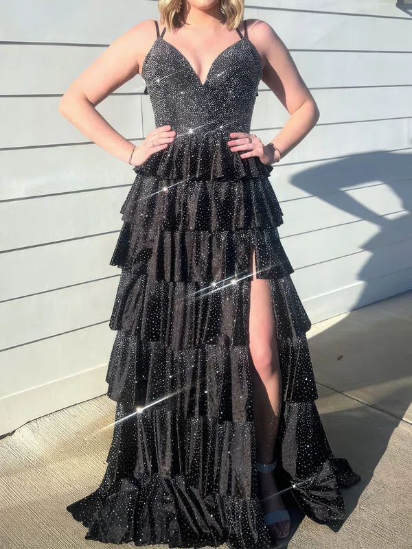 Ball Gown V-neck Jersey Tiered Prom Dresses With Beading #UKM020127459