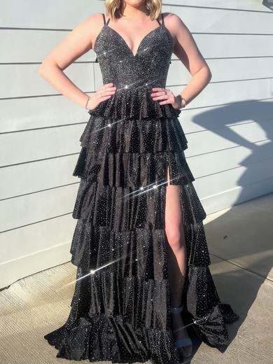 Ball Gown V-neck Jersey Tiered Prom Dresses With Beading #UKM020127459