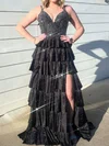 Ball Gown V-neck Jersey Tiered Prom Dresses With Beading #UKM020127459