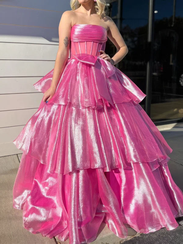 Ball Gown Strapless Tulle Ruffle Tiered Prom Dresses With Bow #UKM020127462