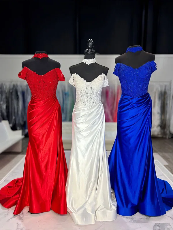 Sheath/Column Off-the-shoulder Satin Prom Dresses With Appliques #UKM020127467