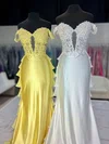 Sheath/Column Off-the-shoulder Satin Ruffle Prom Dresses With Appliques #UKM020127468
