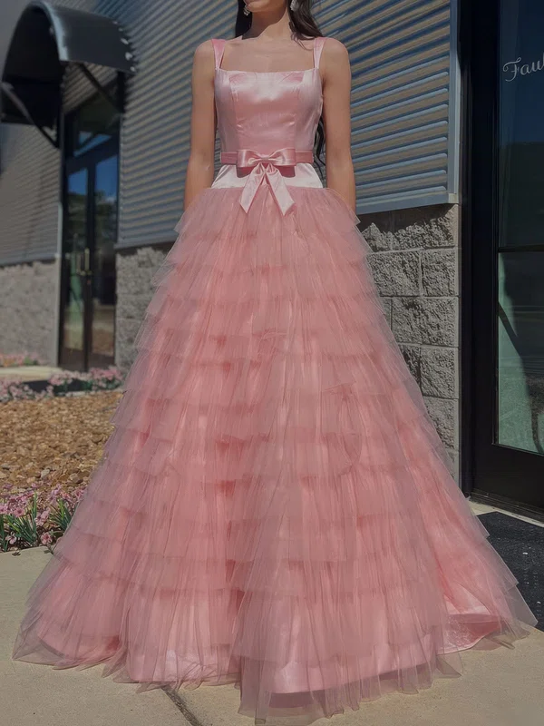 Ball Gown Square Neck Satin Tulle Ruffle Tiered Prom Dresses With Bow #UKM020127472