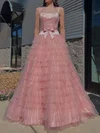 Ball Gown Square Neck Satin Tulle Ruffle Tiered Prom Dresses With Bow #UKM020127472
