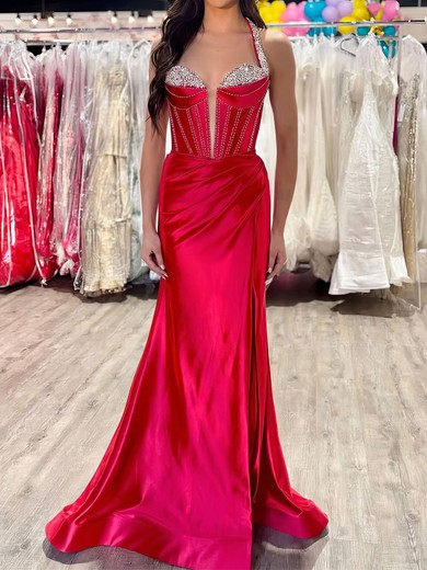 Sheath/Column Halter Satin Prom Dresses With Beading #UKM020127473