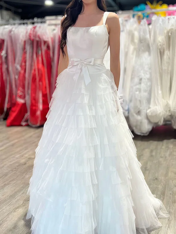 Ball Gown Square Neck Satin Tulle Ruffle Tiered Prom Dresses With Bow #UKM020127474