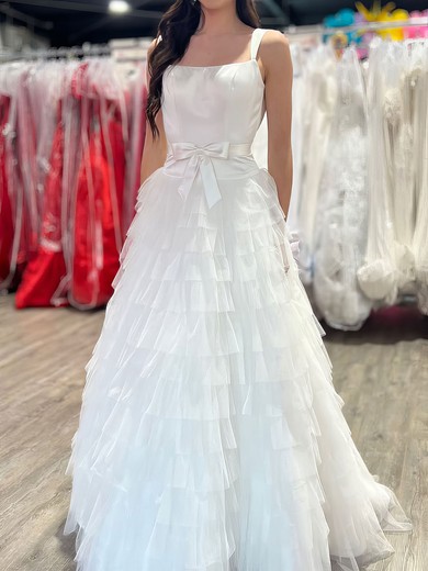 Ball Gown Square Neck Satin Tulle Ruffle Tiered Prom Dresses With Bow #UKM020127474
