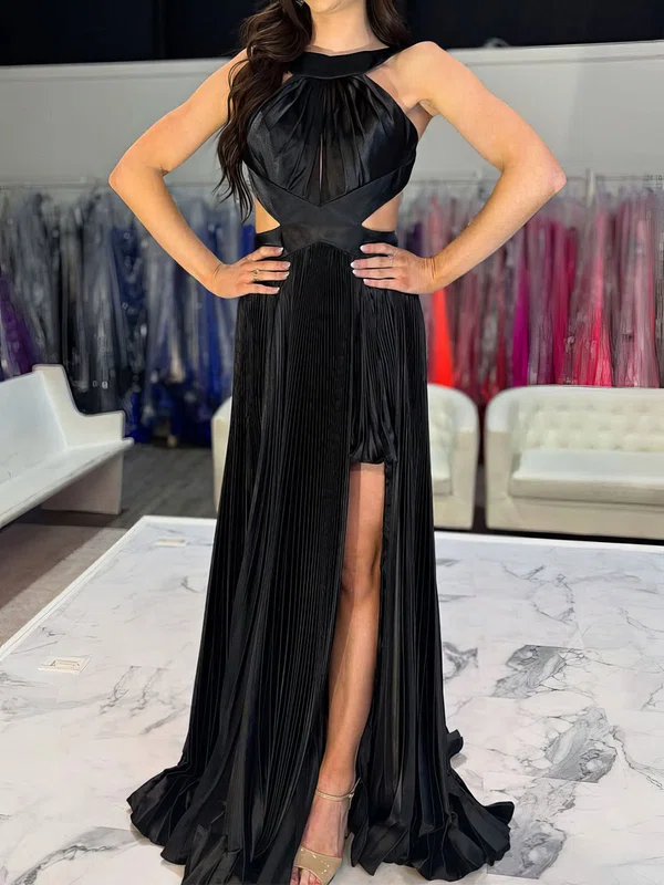A-line Scoop Neck Satin Cut Out Pleated Prom Dresses #UKM020127476