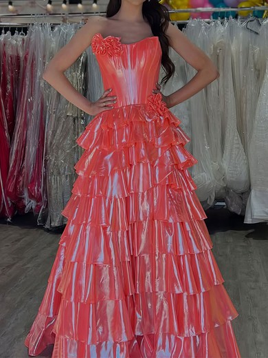Ball Gown V-neck Metallic Tiered Prom Dresses #UKM020127480