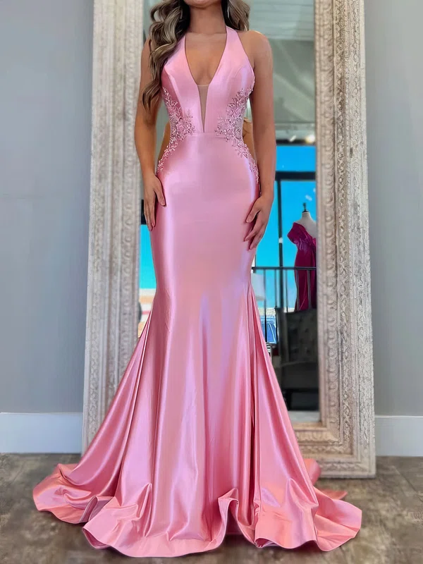 Mermaid Halter Satin Prom Dresses With Appliques #UKM020127484