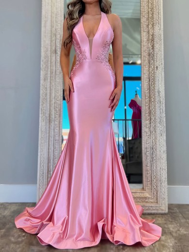 Mermaid Halter Satin Prom Dresses With Appliques #UKM020127484