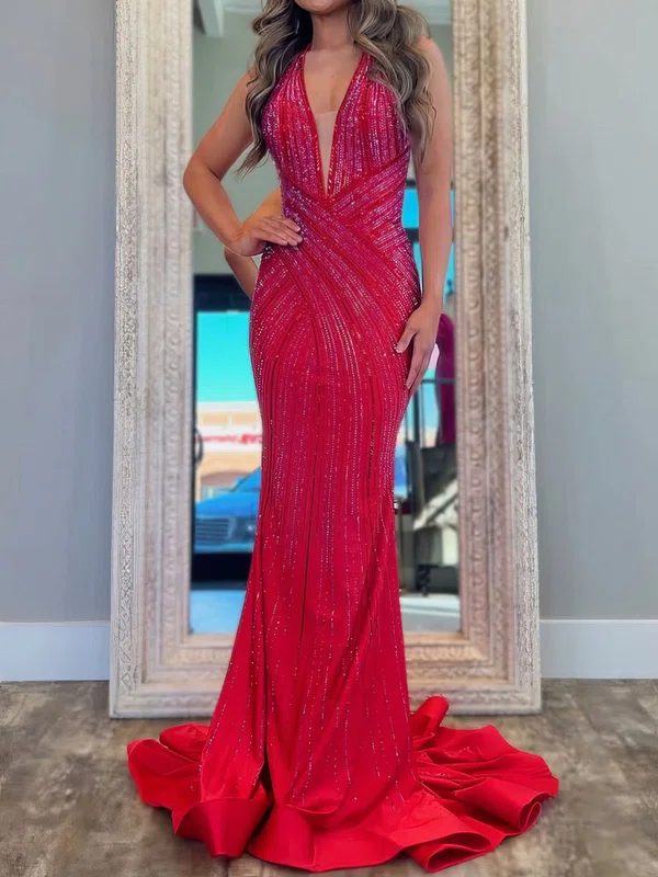 Mermaid Halter Jersey Backless Beaded Prom Dresses #UKM020127485