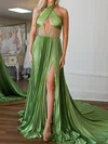 A-line Halter Satin Pleated Prom Dresses With Beading #UKM020127491