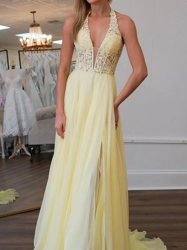 A-line Halter Chiffon Corset Prom Dresses With Appliques #UKM020127492
