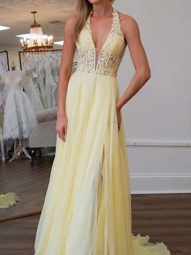 A-line Halter Chiffon Corset Prom Dresses With Appliques #UKM020127492