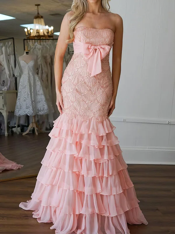 Mermaid Strapless Chiffon Ruffle Tiered Prom Dresses #UKM020127493