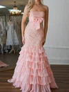 Mermaid Strapless Chiffon Ruffle Tiered Prom Dresses #UKM020127493