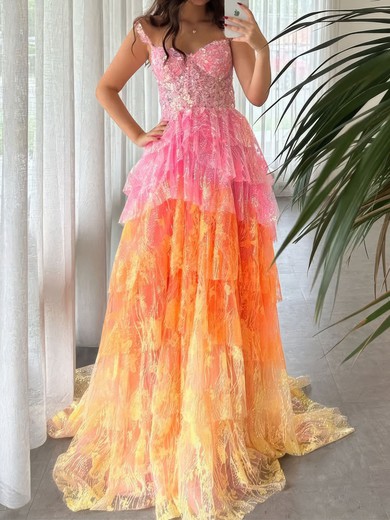 Ball Gown Sweetheart Lace Tiered Prom Dresses With Appliques #UKM020127505
