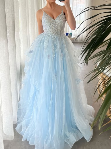 Princess V-neck Tulle Ruffle Prom Dresses With Appliques #UKM020127507