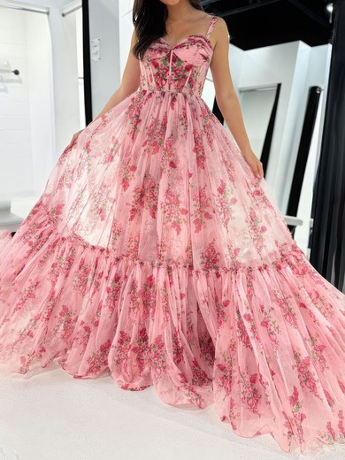 Ball Gown Sweetheart Chiffon Floral Prom Dresses With Ruched #UKM020127513