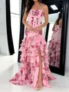 Sheath/Column Straight Satin Chiffon Floral Tiered Prom Dresses #UKM020127514